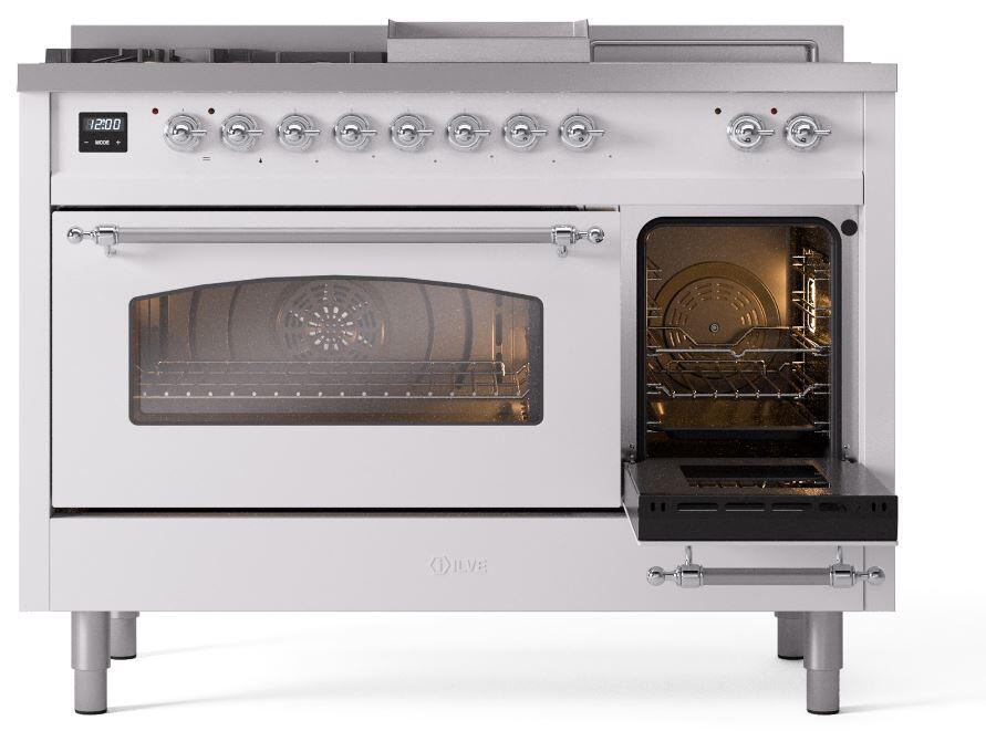 Ilve UP48FSNMPWHC Nostalgie Ii 48 Inch Dual Fuel Natural Gas Freestanding Range In White With Chrome Trim