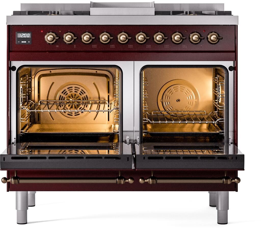 Ilve UPD40FNMPBUB Nostalgie Ii 40 Inch Dual Fuel Natural Gas Freestanding Range In Burgundy With Bronze Trim