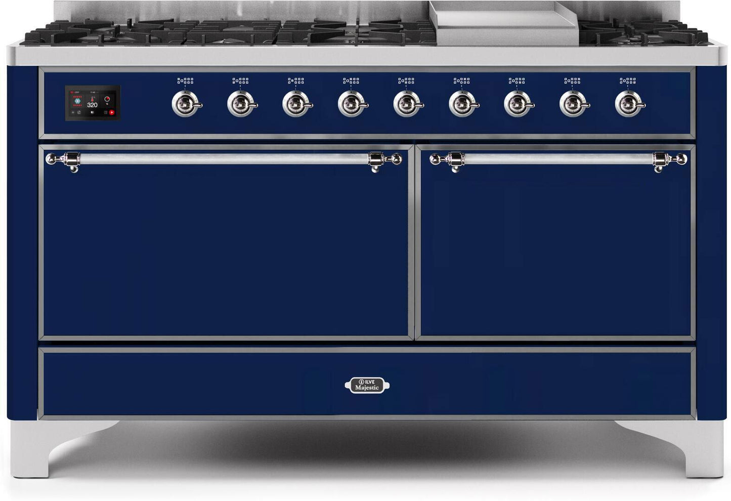 Ilve UM15FDQNS3MBC Majestic Ii 60 Inch Dual Fuel Natural Gas Freestanding Range In Midnight Blue With Chrome Trim