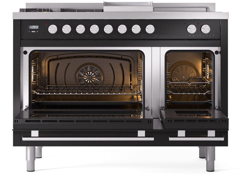 Ilve UP48FSWMPBK Professional Plus Ii 48 Inch Dual Fuel Natural Gas Freestanding Range In Glossy Black With Trim