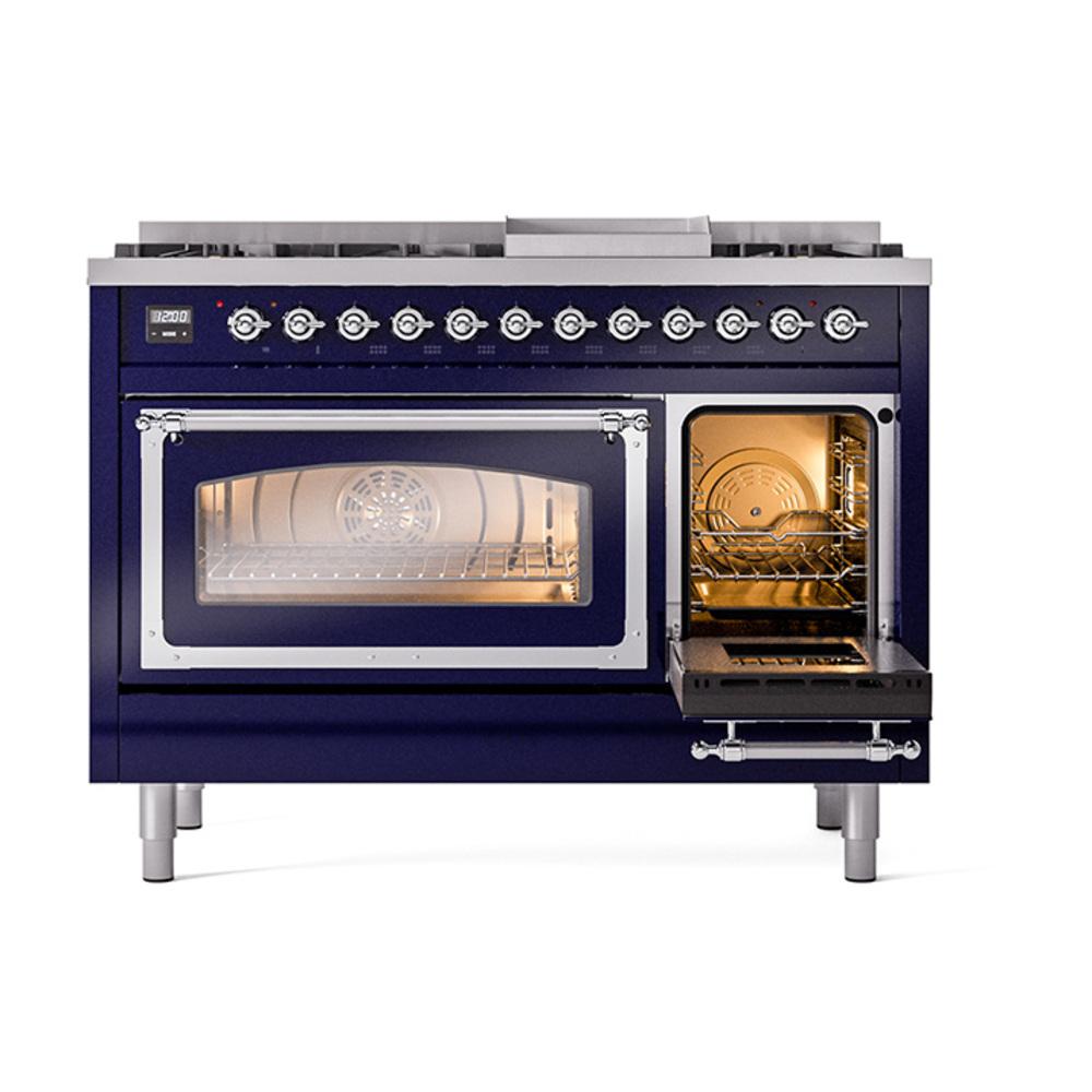 Ilve UN48FNMPMBCLP Ilve Un48Fnmpmbclp Nostalgie Ii Noblesse 48" Dual Fuel Range (8 Sealed Burners + Griddle, Liquid Propane, Triple Glass Door, Midnight Blue, Chrome)