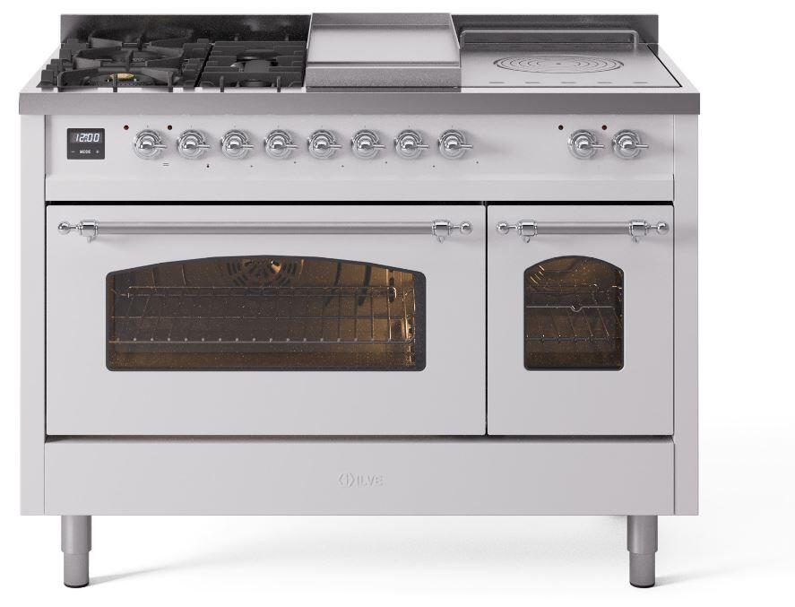 Ilve UP48FSNMPWHC Nostalgie Ii 48 Inch Dual Fuel Natural Gas Freestanding Range In White With Chrome Trim