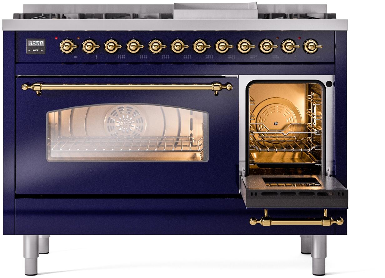 Ilve UP48FNMPMBG Nostalgie Ii 48 Inch Dual Fuel Natural Gas Freestanding Range In Blue With Brass Trim