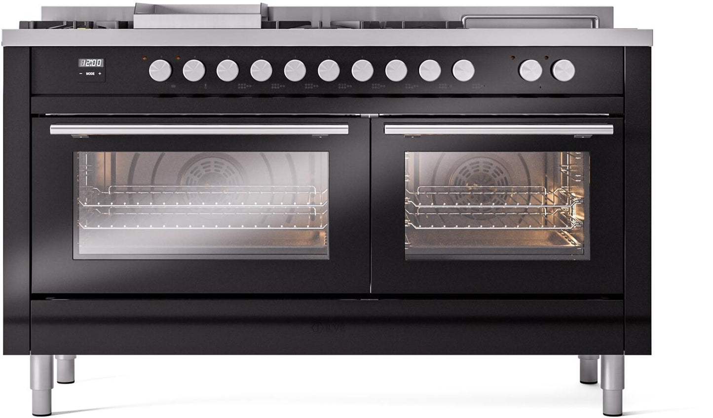 Ilve UP60FSWMPBK Professional Plus Ii 60 Inch Dual Fuel Natural Gas Freestanding Range In Glossy Black With Trim