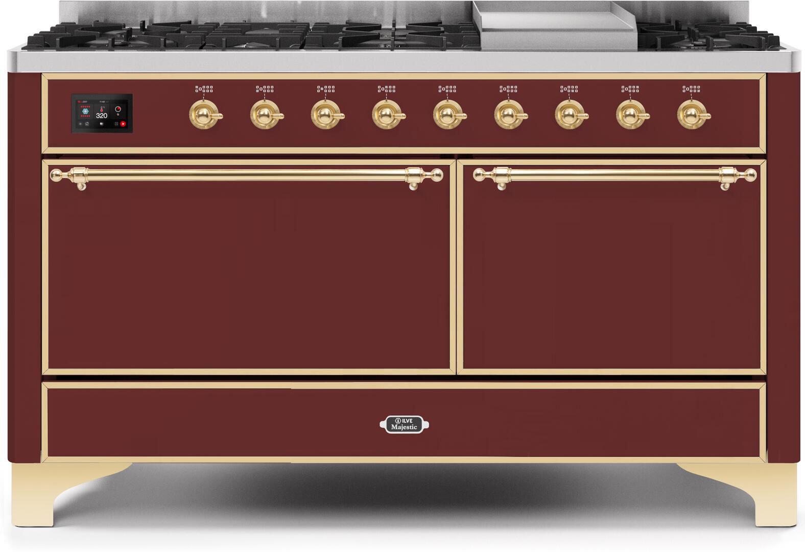 Ilve UM15FDQNS3BUGLP Majestic Ii 60 Inch Dual Fuel Liquid Propane Freestanding Range In Burgundy With Brass Trim