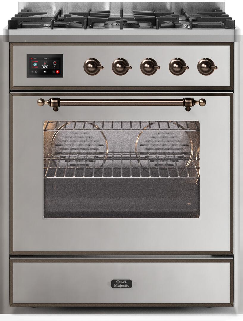 Ilve UM30DNE3SSBLP Majestic Ii 30 Inch Dual Fuel Liquid Propane Freestanding Range In Stainless Steel With Bronze Trim