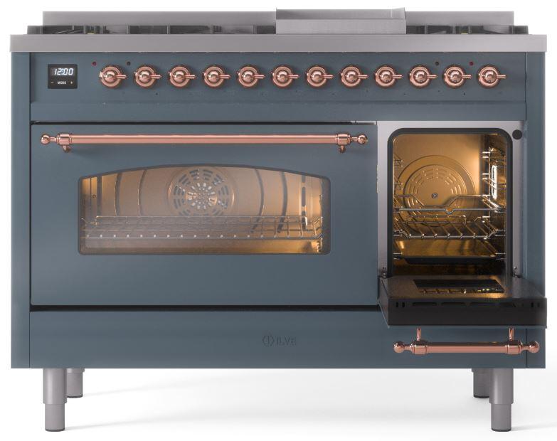 Ilve UP48FNMPBGP Nostalgie Ii 48 Inch Dual Fuel Natural Gas Freestanding Range In Blue Grey With Copper Trim