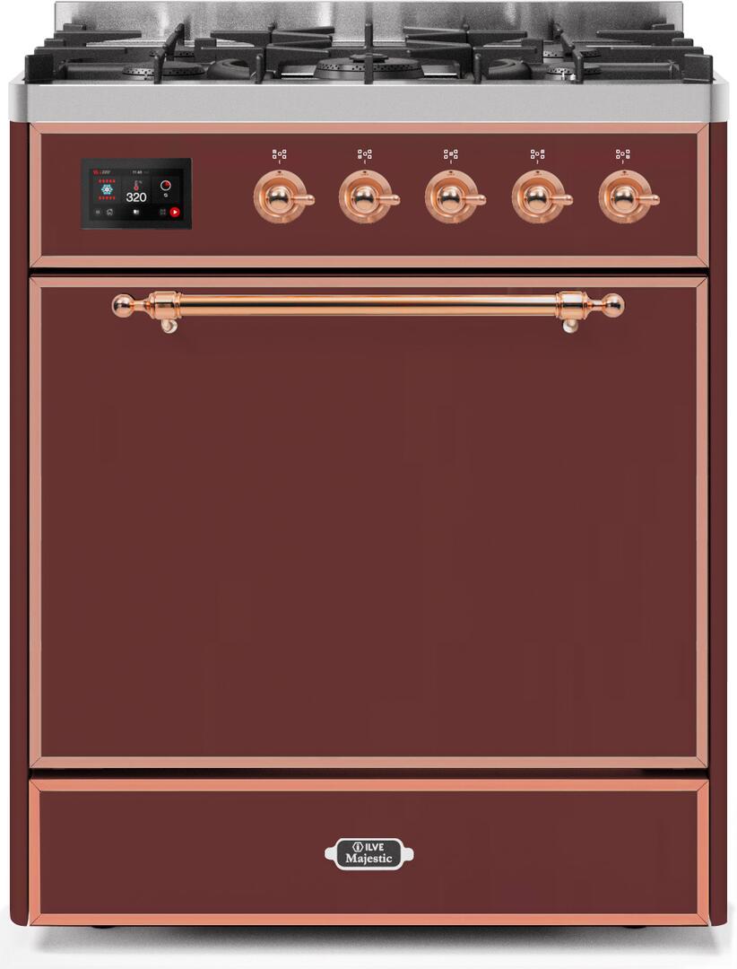 Ilve UM30DQNE3BUPLP Majestic Ii 30 Inch Dual Fuel Liquid Propane Freestanding Range In Burgundy With Copper Trim