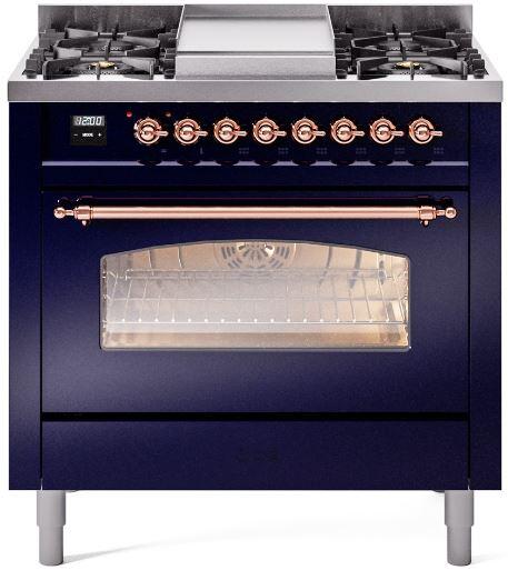 Ilve UP36FNMPMBP Nostalgie Ii 36 Inch Dual Fuel Natural Gas Freestanding Range In Blue With Copper Trim