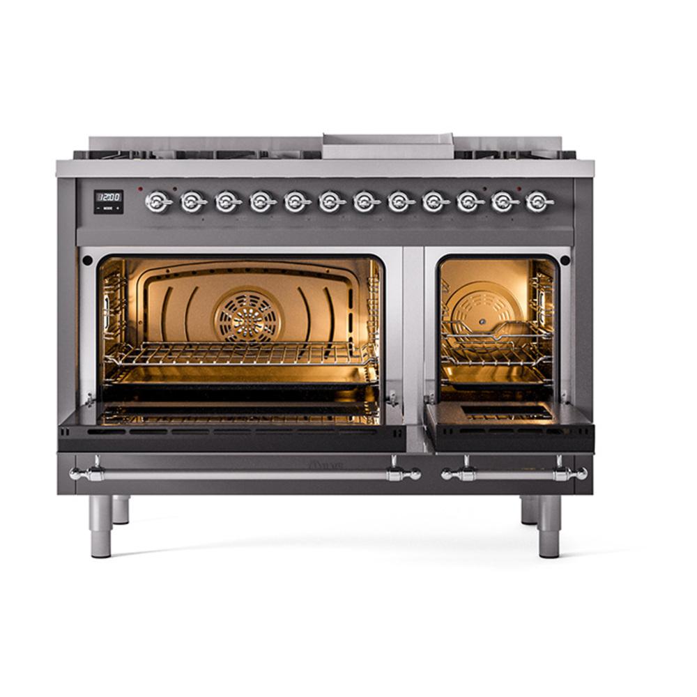 Ilve UN48FNMPMGCLP Ilve Un48Fnmpmgclp Nostalgie Ii Noblesse 48" Dual Fuel Range (8 Sealed Burners + Griddle, Liquid Propane, Triple Glass Door, Graphite Matte, Chrome)