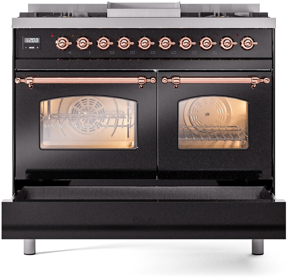 Ilve UPD40FNMPBKPLP Nostalgie Ii 40 Inch Dual Fuel Liquid Propane Freestanding Range In Glossy Black With Copper Trim