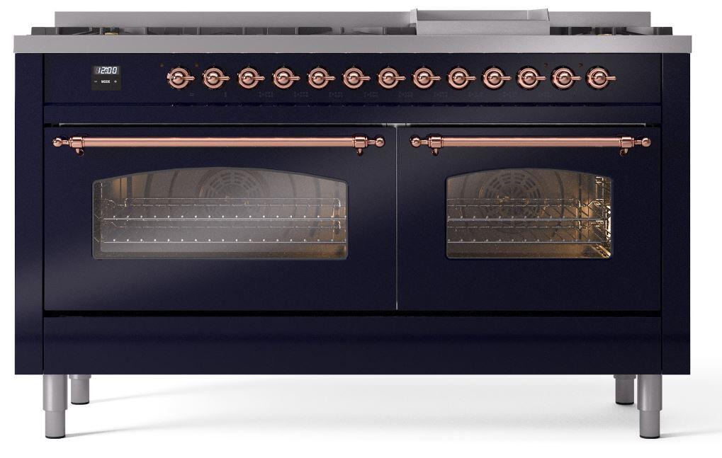 Ilve UP60FNMPMBPLP Nostalgie Ii 60 Inch Dual Fuel Liquid Propane Freestanding Range In Blue With Copper Trim