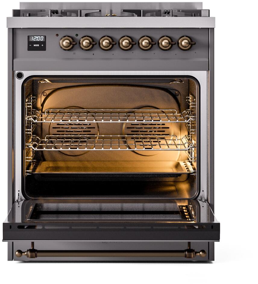 Ilve UP30NMPMGB Nostalgie Ii 30 Inch Dual Fuel Natural Gas Freestanding Range In Matte Graphite With Bronze Trim