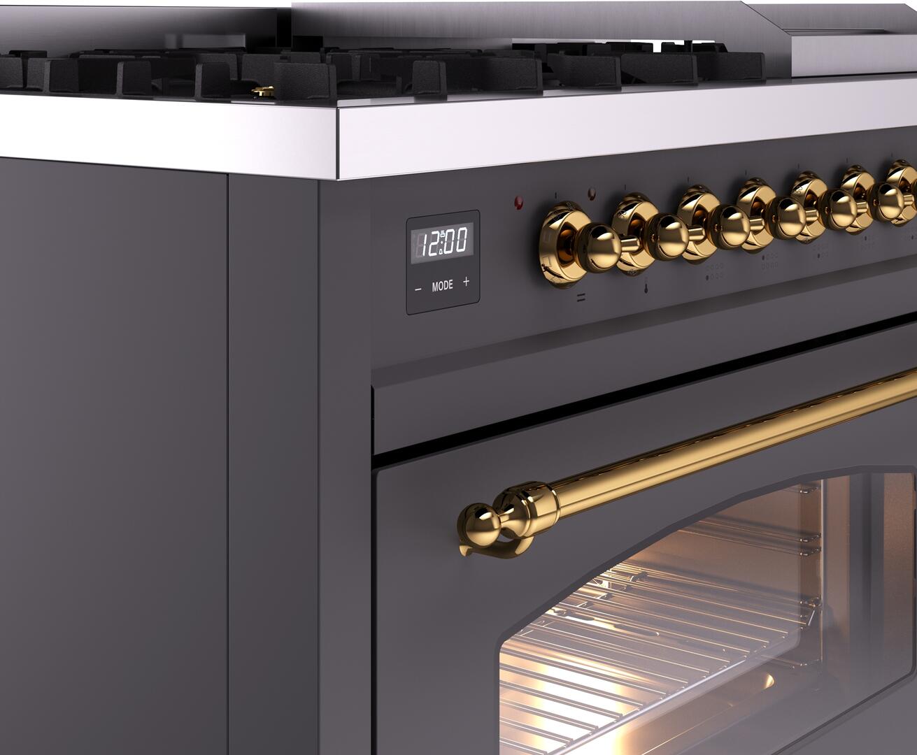 Ilve UP48FNMPMGG Nostalgie Ii 48 Inch Dual Fuel Natural Gas Freestanding Range In Matte Graphite With Brass Trim