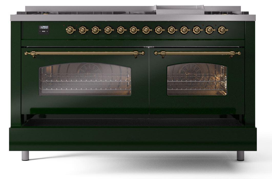 Ilve UP60FNMPEGG Nostalgie Ii 60 Inch Dual Fuel Natural Gas Freestanding Range In Emerald Green With Brass Trim