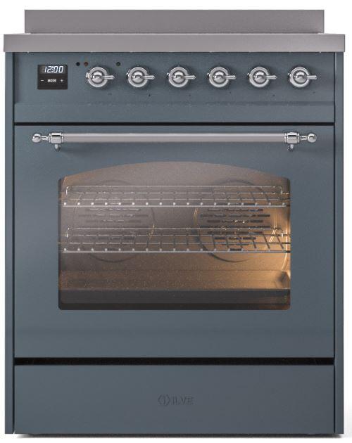 Ilve UPI304NMPBGC Nostalgie Ii 30 Inch Electric Freestanding Range In Blue Grey With Chrome Trim