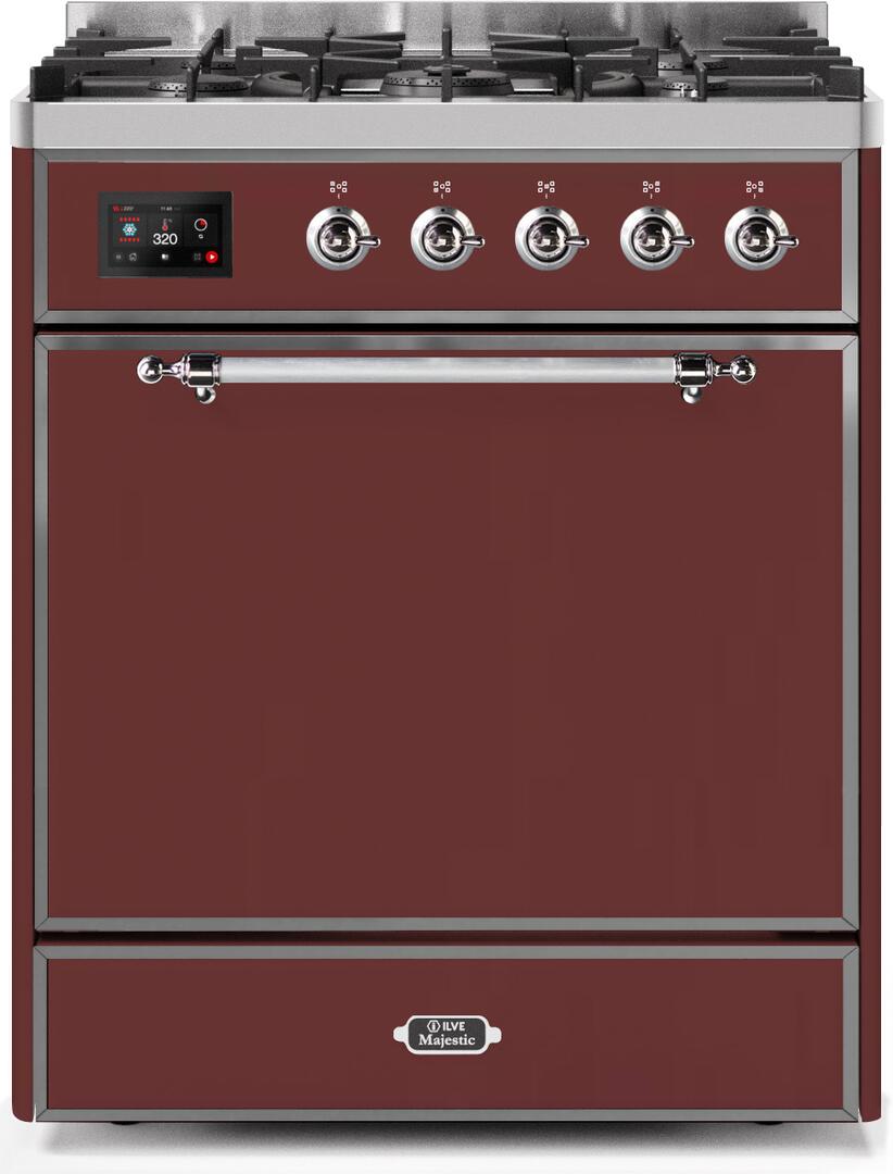 Ilve UM30DQNE3BUC Majestic Ii 30 Inch Dual Fuel Natural Gas Freestanding Range In Burgundy With Chrome Trim