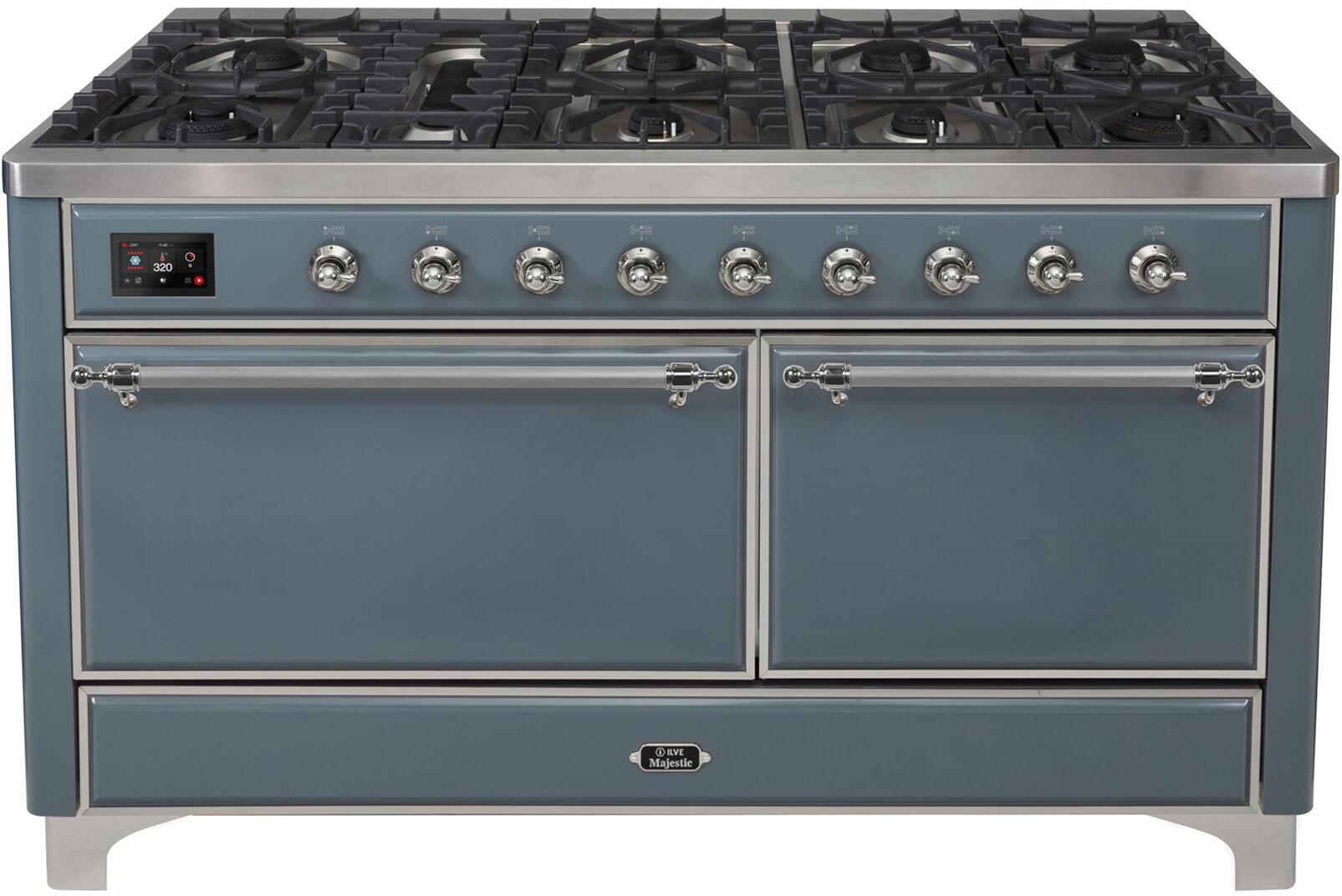 Ilve UM15FDQNS3BGCLP Majestic Ii 60 Inch Dual Fuel Liquid Propane Freestanding Range In Blue Grey With Chrome Trim