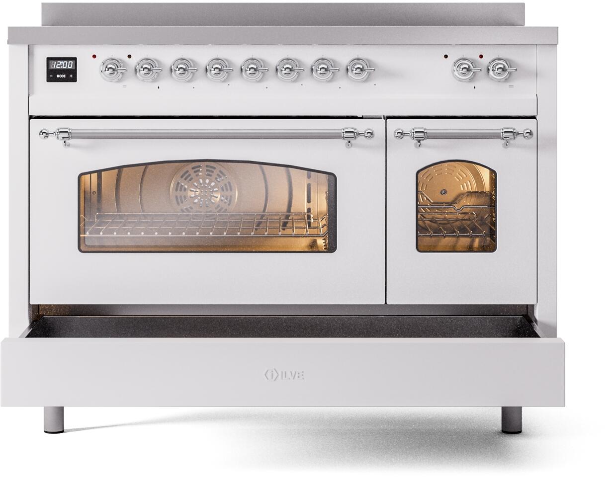 Ilve UPI486NMPWHC Nostalgie Ii 48 Inch Electric Freestanding Range In White With Chrome Trim