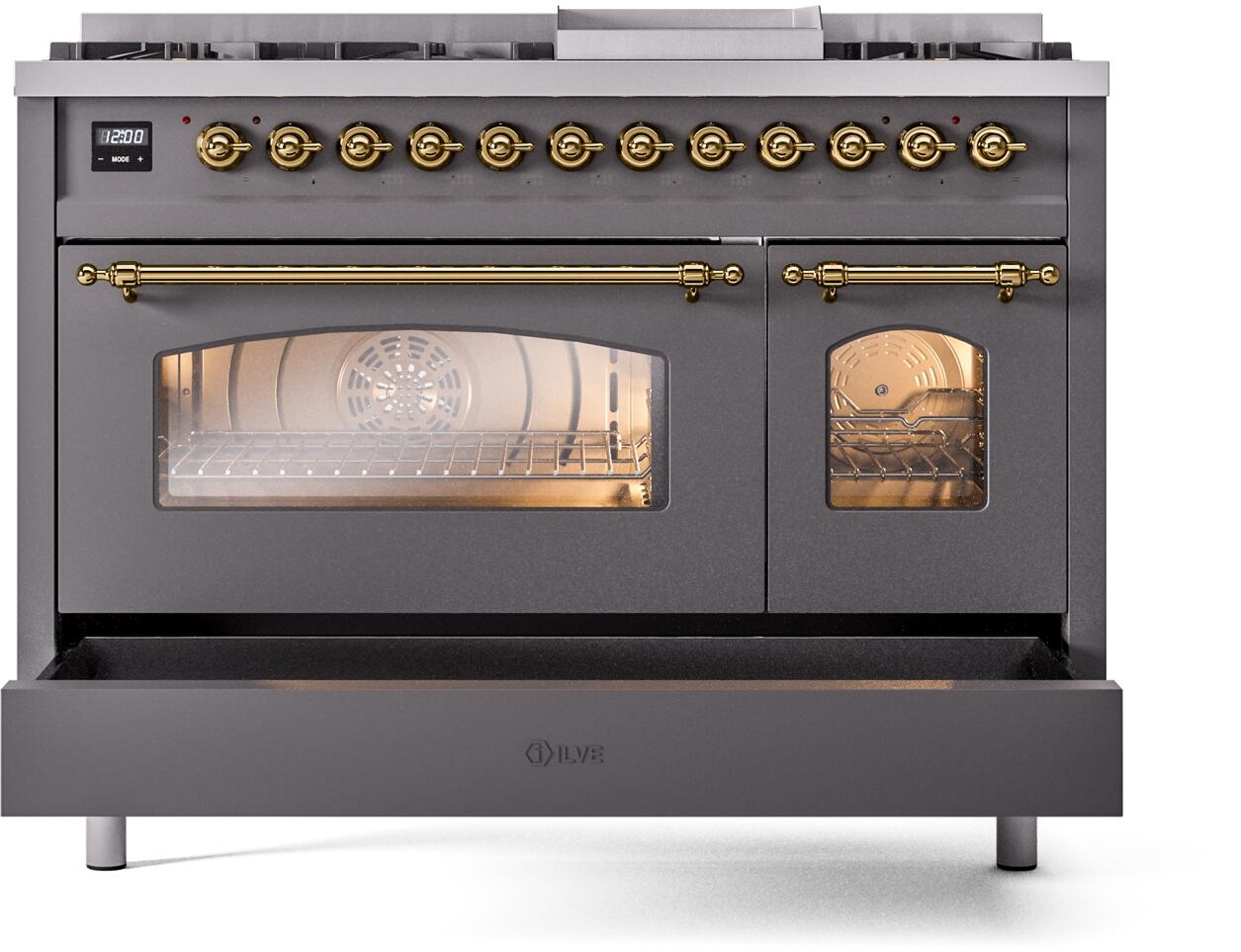 Ilve UP48FNMPMGGLP Nostalgie Ii 48 Inch Dual Fuel Liquid Propane Freestanding Range In Matte Graphite With Brass Trim