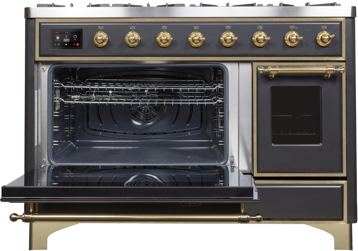 Ilve UM12FDNS3MGGLP Majestic Ii 48 Inch Dual Fuel Liquid Propane Freestanding Range In Matte Graphite With Brass Trim