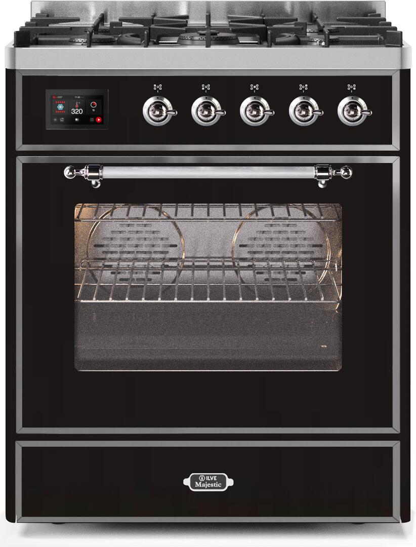 Ilve UM30DNE3BKC Majestic Ii 30 Inch Dual Fuel Natural Gas Freestanding Range In Glossy Black With Chrome Trim