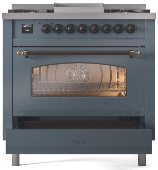 Ilve UP36FNMPBGB Nostalgie Ii 36 Inch Dual Fuel Natural Gas Freestanding Range In Blue Grey With Bronze Trim