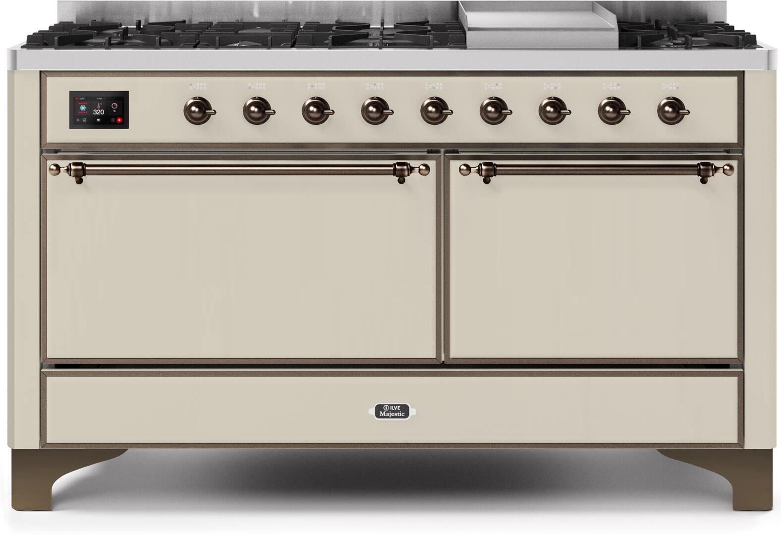 Ilve UM15FDQNS3AWPLP Majestic Ii 60 Inch Dual Fuel Liquid Propane Freestanding Range In Antique White With Copper Trim