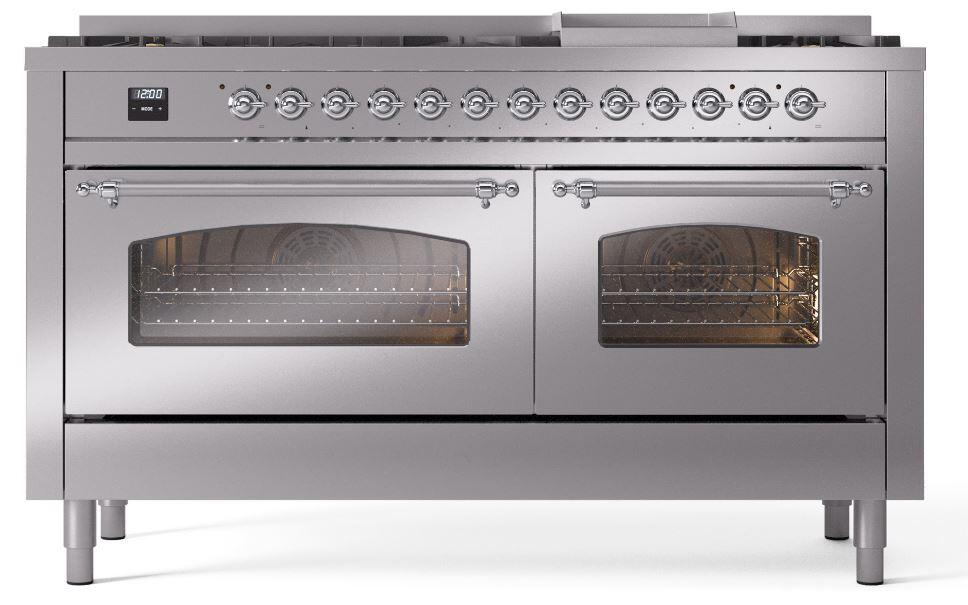 Ilve UP60FNMPSSCLP Nostalgie Ii 60 Inch Dual Fuel Liquid Propane Freestanding Range In Stainless Steel With Chrome Trim