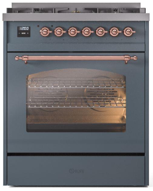 Ilve UP30NMPBGPLP Nostalgie Ii 30 Inch Dual Fuel Liquid Propane Freestanding Range In Blue Grey With Copper Trim