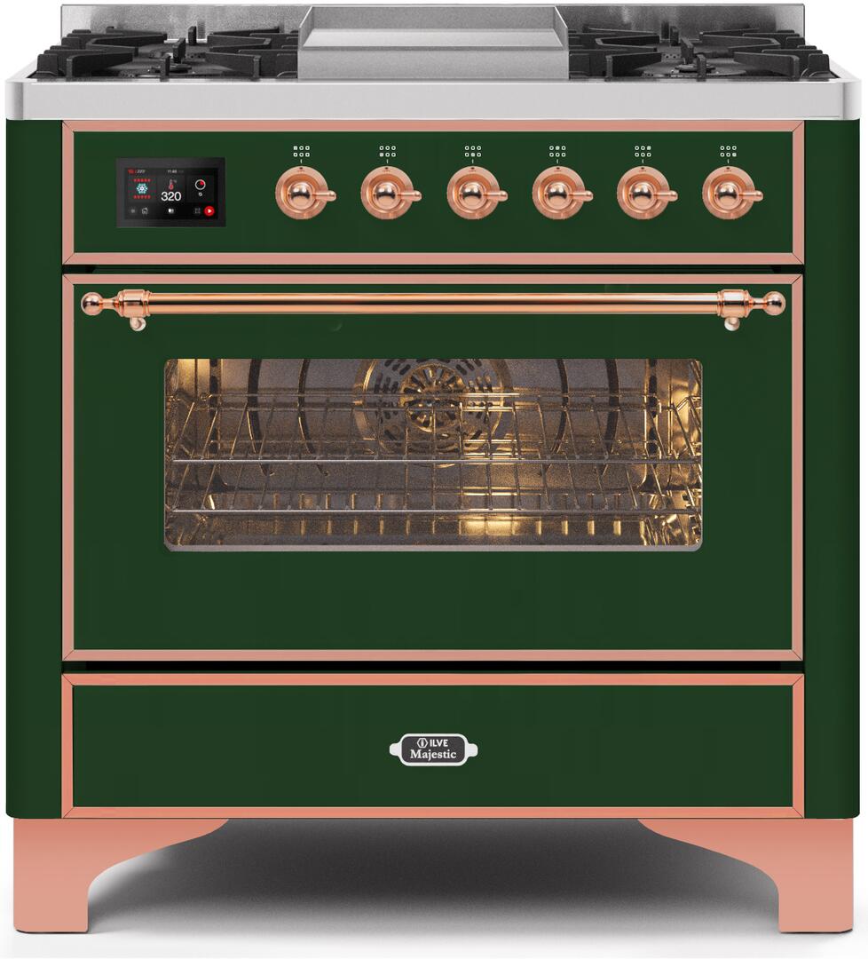 Ilve UM09FDNS3EGP Majestic Ii 36 Inch Dual Fuel Natural Gas Freestanding Range In Emerald Green With Copper Trim