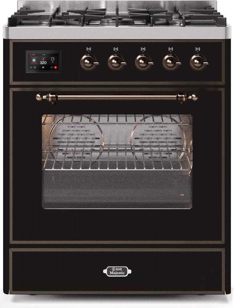 Ilve UM30DNE3BKBLP Majestic Ii 30 Inch Dual Fuel Liquid Propane Freestanding Range In Glossy Black With Bronze Trim