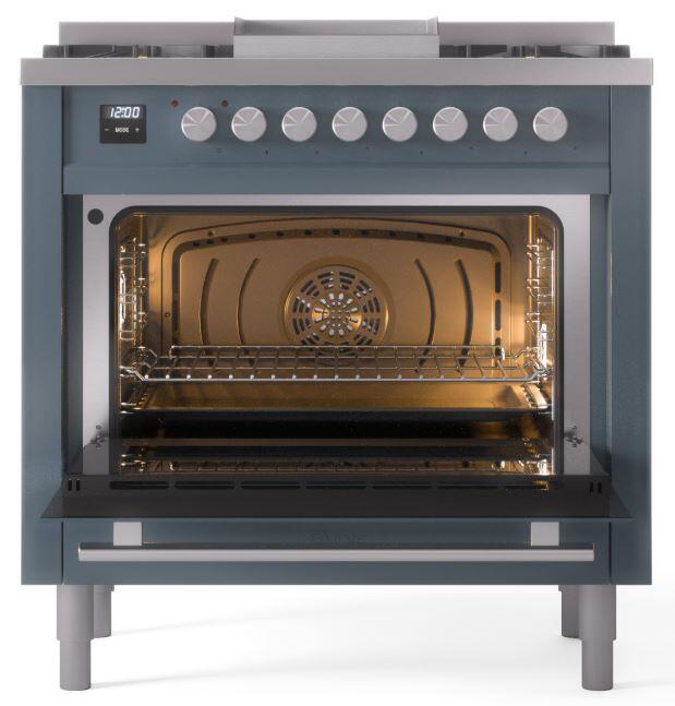 Ilve UP36FWMPBG Professional Plus Ii 36 Inch Dual Fuel Natural Gas Freestanding Range In Blue Grey With Trim