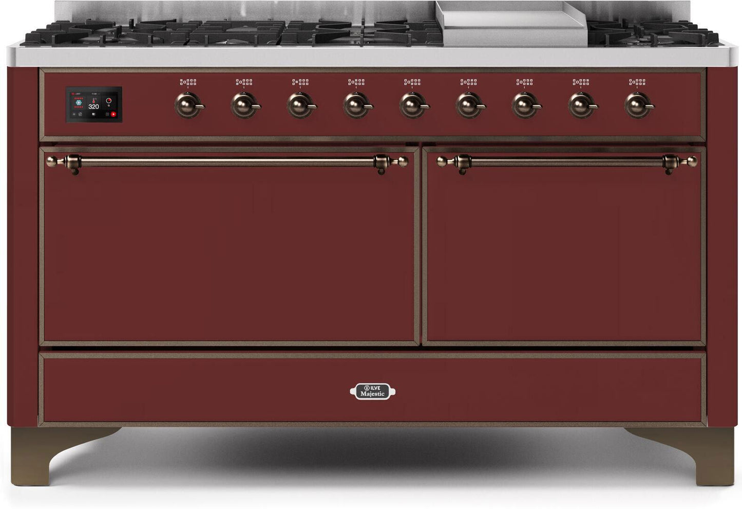 Ilve UM15FDQNS3BUBLP Majestic Ii 60 Inch Dual Fuel Liquid Propane Freestanding Range In Burgundy With Bronze Trim