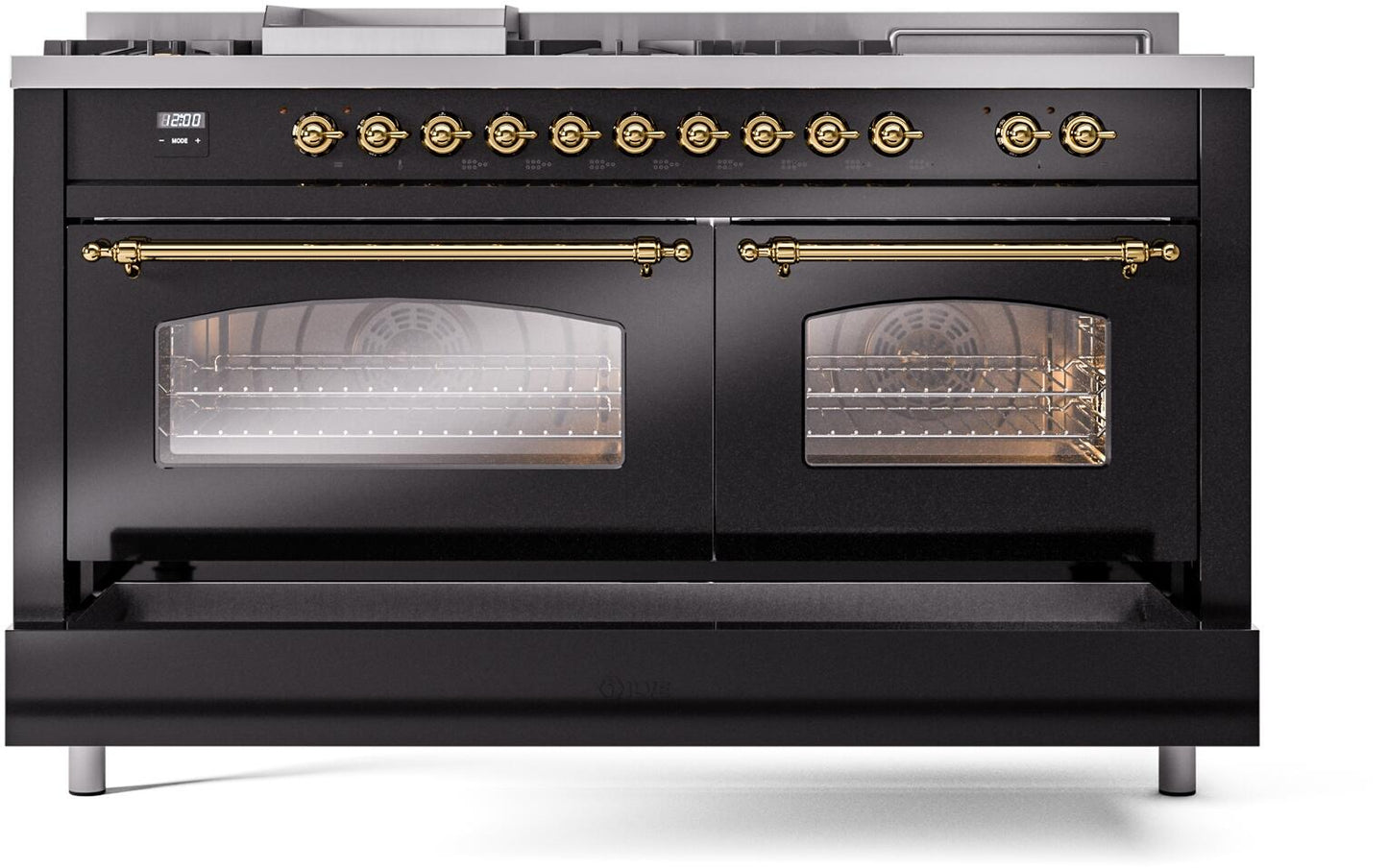 Ilve UP60FSNMPBKGLP Nostalgie Ii 60 Inch Dual Fuel Liquid Propane Freestanding Range In Glossy Black With Brass Trim