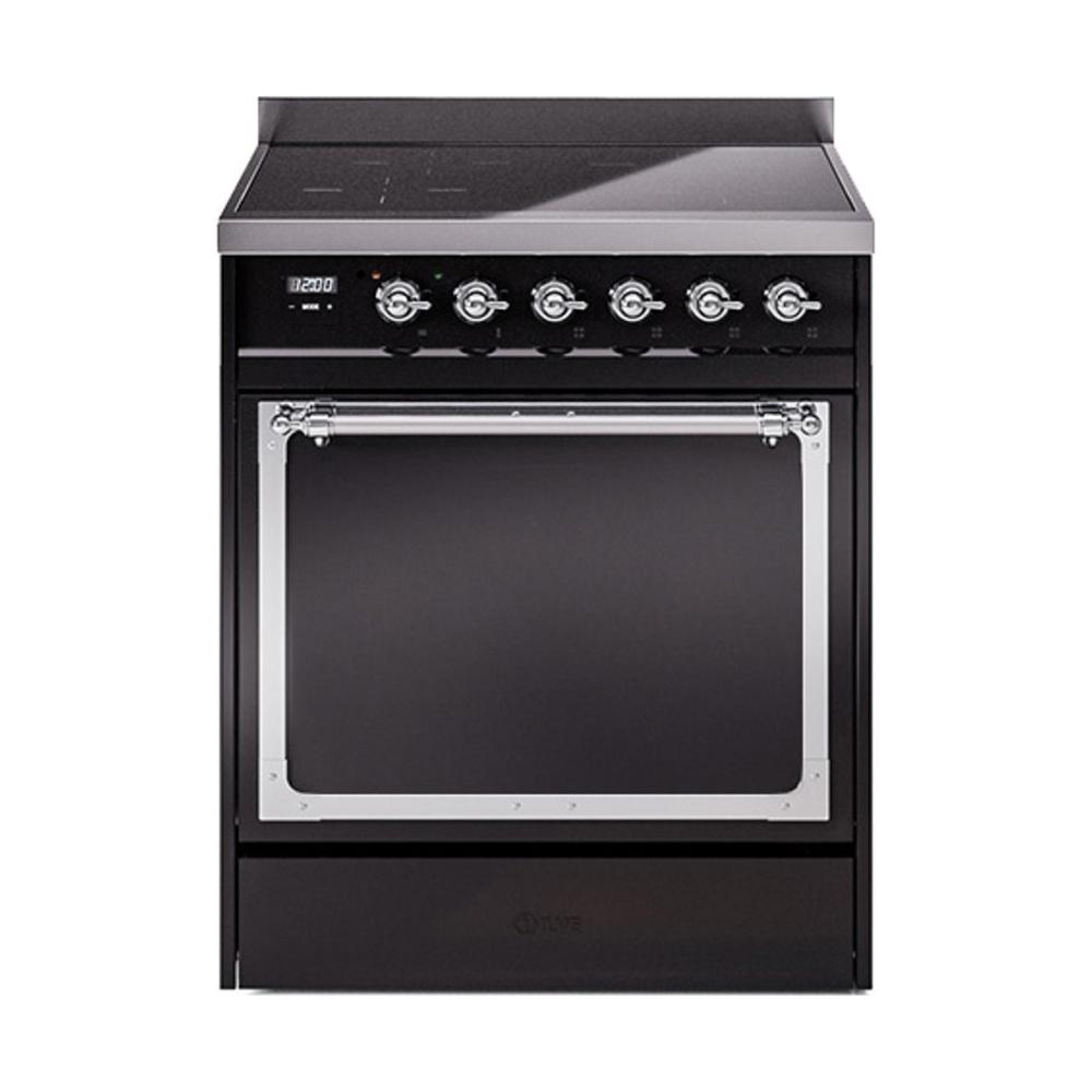 Ilve UNI304QNMPBKC Ilve Uni304Qnmpbkc Nostalgie Ii Noblesse 30" Induction Range (Solid Door, Glossy Black, Chrome)