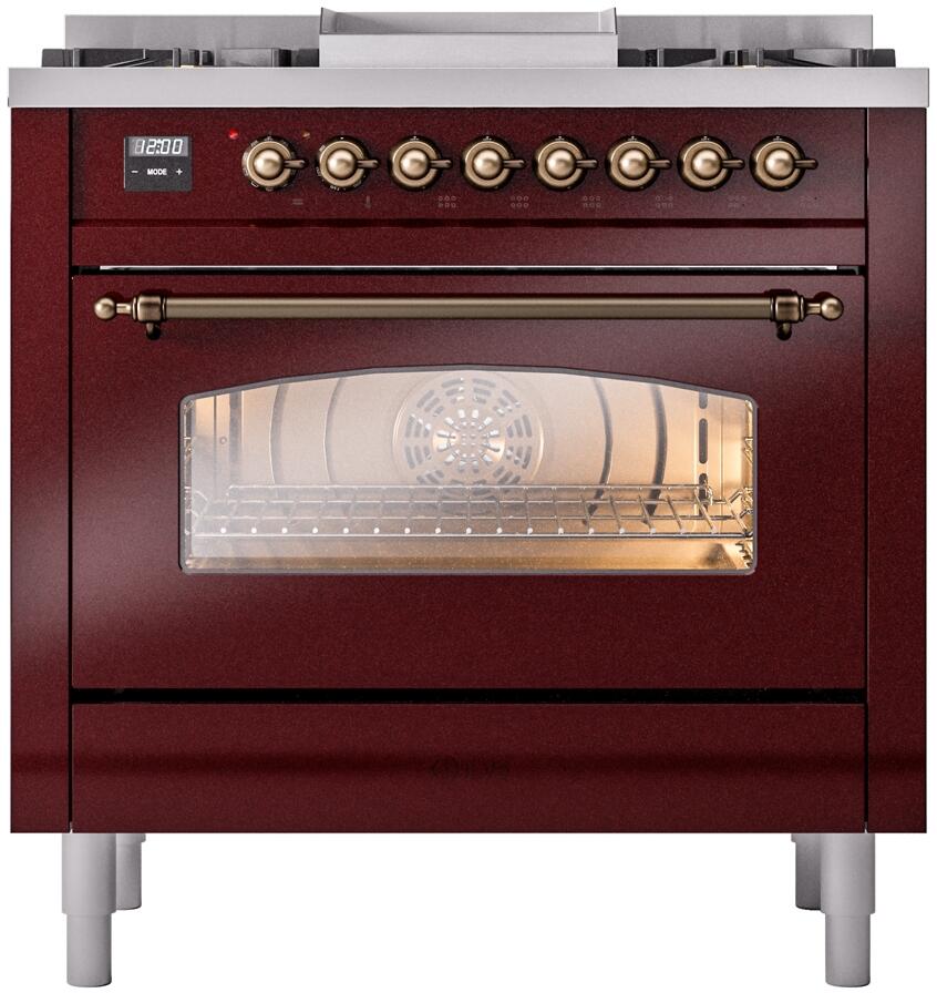 Ilve UP36FNMPBUBLP Nostalgie Ii 36 Inch Dual Fuel Liquid Propane Freestanding Range In Burgundy With Bronze Trim