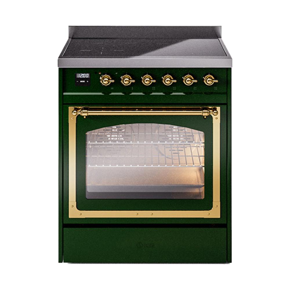 Ilve UNI304NMPEGG Ilve Uni304Nmpegg Nostalgie Ii Noblesse 30" Induction Range (Triple Glass Door, Emerald Green, Brass)