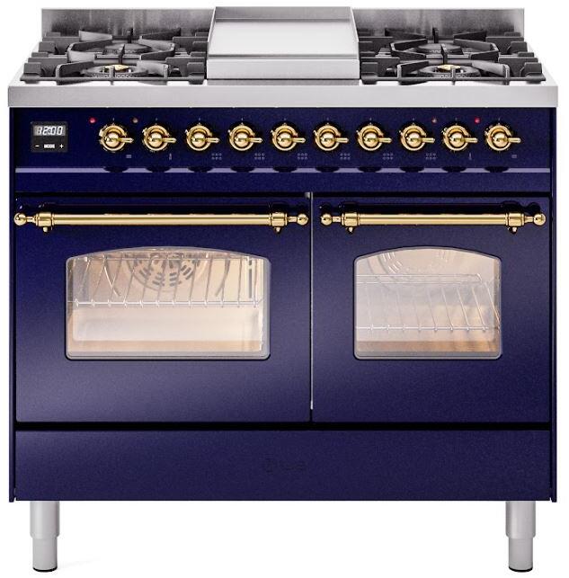 Ilve UPD40FNMPMBGLP Nostalgie Ii 40 Inch Dual Fuel Liquid Propane Freestanding Range In Blue With Brass Trim