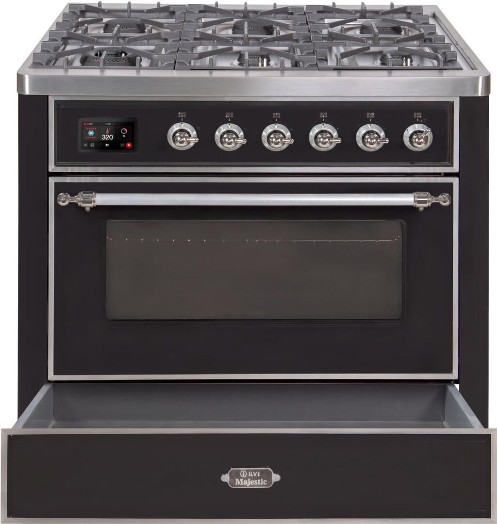 Ilve UM09FDNS3BKC Majestic Ii 36 Inch Dual Fuel Natural Gas Freestanding Range In Glossy Black With Chrome Trim