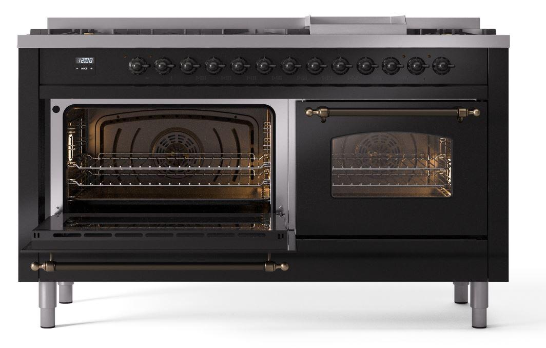 Ilve UP60FNMPBKBLP Nostalgie Ii 60 Inch Dual Fuel Liquid Propane Freestanding Range In Glossy Black With Bronze Trim