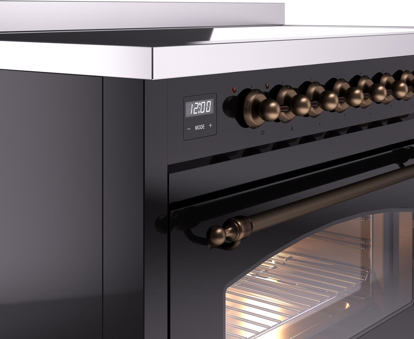 Ilve UPI486NMPBKB Nostalgie Ii 48 Inch Electric Freestanding Range In Glossy Black With Bronze Trim