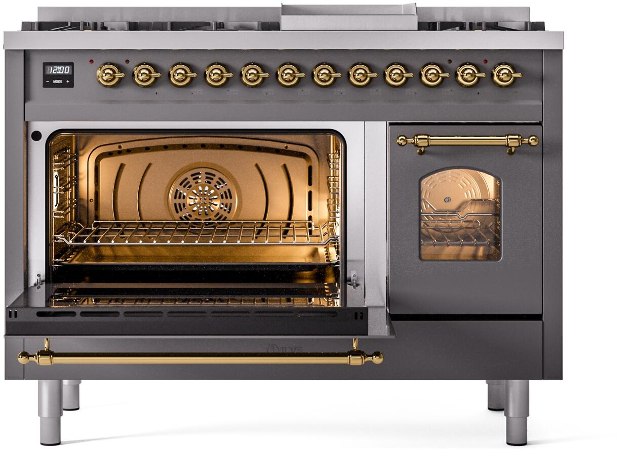 Ilve UP48FNMPMGG Nostalgie Ii 48 Inch Dual Fuel Natural Gas Freestanding Range In Matte Graphite With Brass Trim