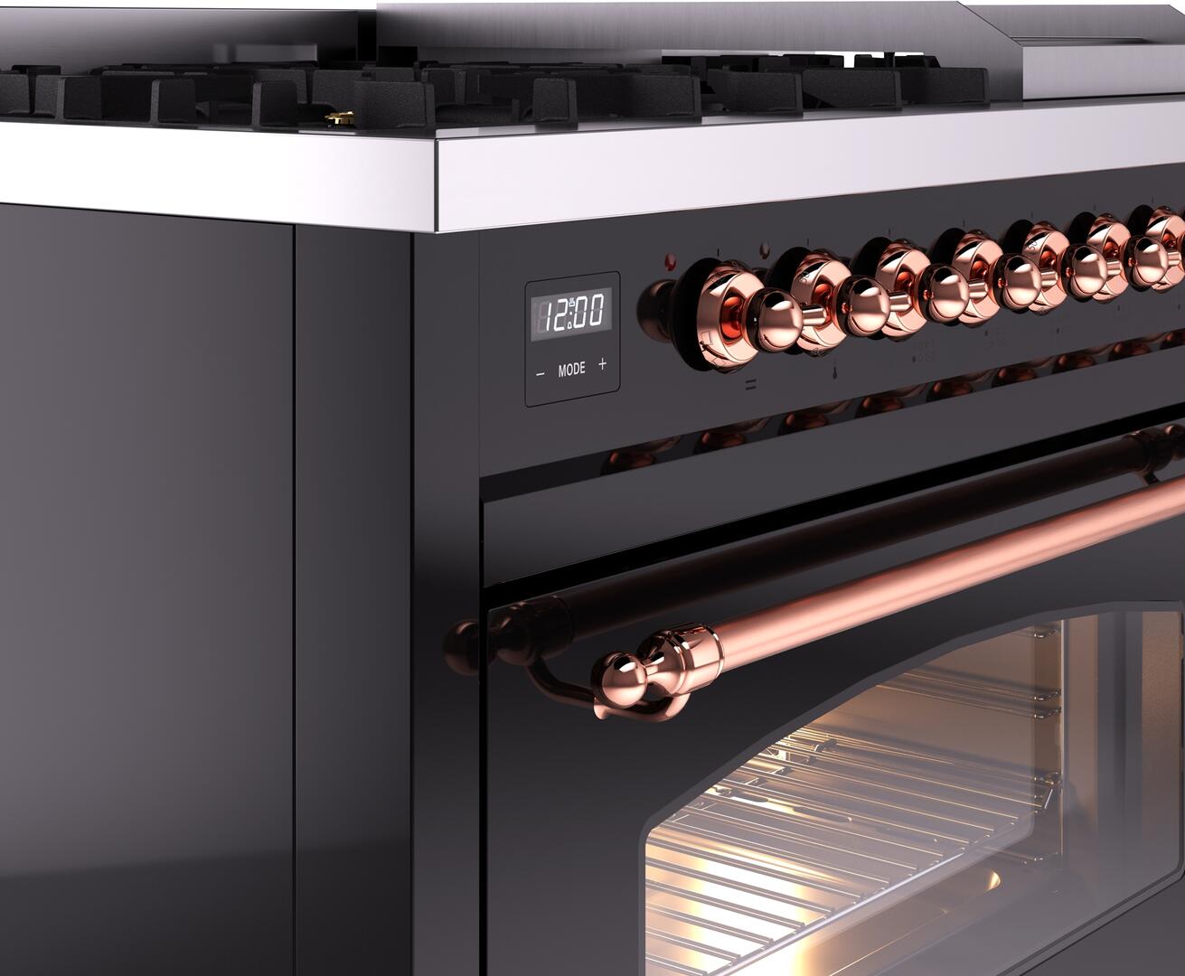 Ilve UP48FNMPBKP Nostalgie Ii 48 Inch Dual Fuel Natural Gas Freestanding Range In Glossy Black With Copper Trim