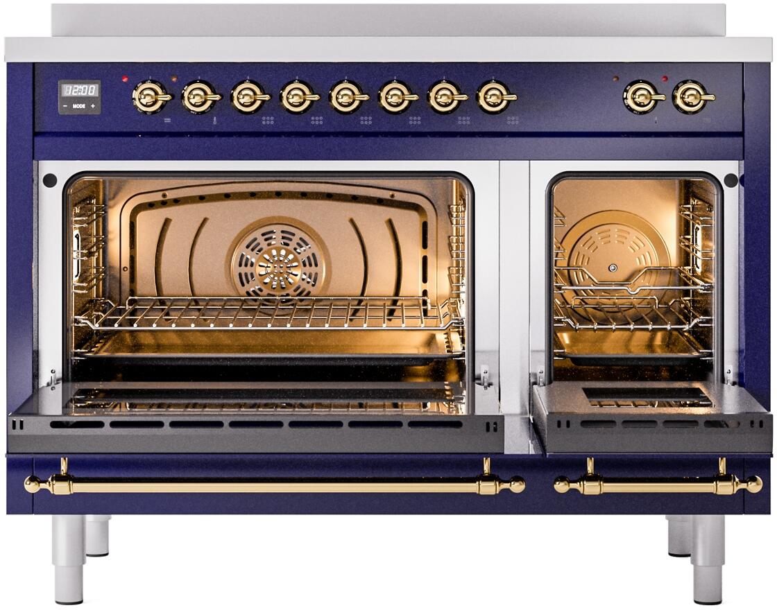 Ilve UPI486NMPMBG Nostalgie Ii 48 Inch Electric Freestanding Range In Blue With Brass Trim