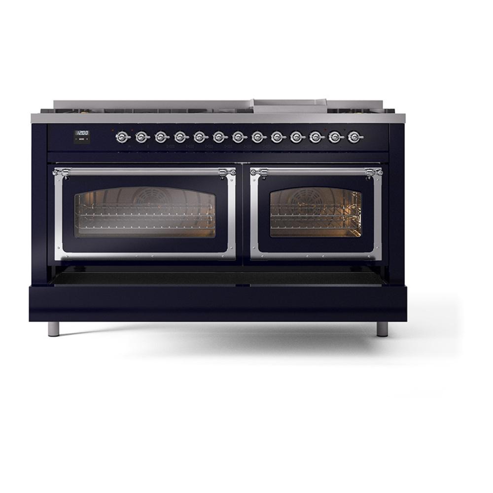 Ilve UN60FNMPMBC Ilve Un60Fnmpmbc Nostalgie Ii Noblesse 60" Dual Fuel Range (9 Sealed Burners + Griddle, Natural Gas, Triple Glass Door, Midnight Blue, Chrome)