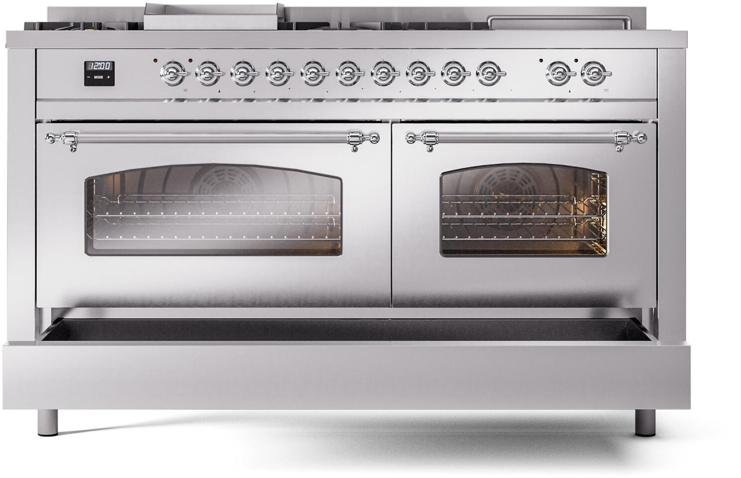 Ilve UP60FSNMPSSC Nostalgie Ii 60 Inch Dual Fuel Natural Gas Freestanding Range In Stainless Steel With Chrome Trim