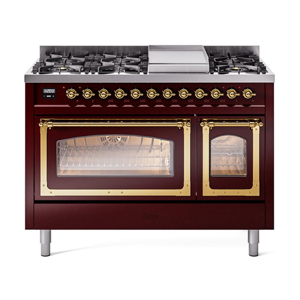 Ilve UN48FNMPBUG Ilve Un48Fnmpbug Nostalgie Ii Noblesse 48" Dual Fuel Range (8 Sealed Burners + Griddle, Natural Gas, Triple Glass Door, Burgundy, Brass)