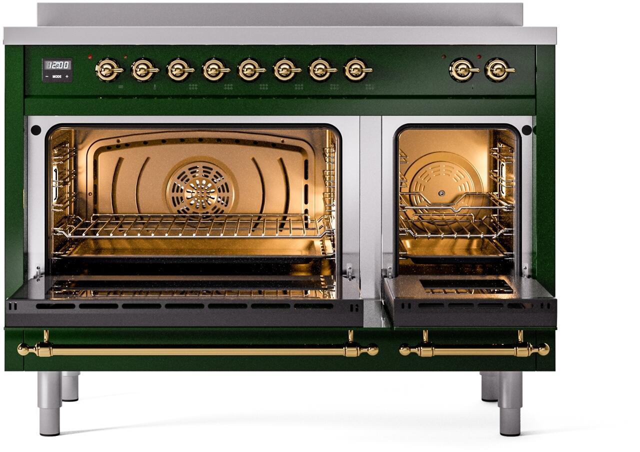 Ilve UPI486NMPEGG Nostalgie Ii 48 Inch Electric Freestanding Range In Emerald Green With Brass Trim