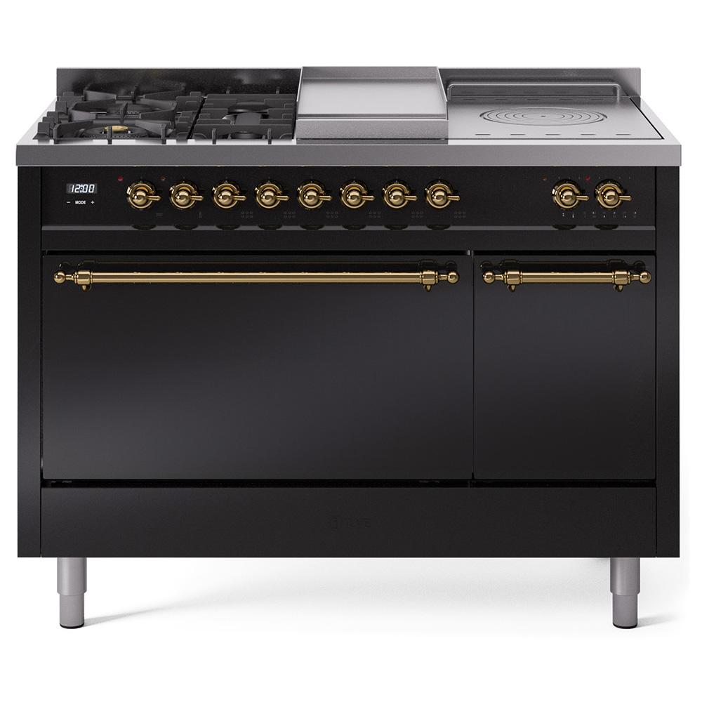 Ilve UP48FSQNMPBKG Ilve Nostalgie Ii 48 Up48Fsqnmpbkg Freestanding Dual Fuel Range With 5 Sealed Burners And French Top Double Oven With Solid Door In Glossy Black With Brass Knobs